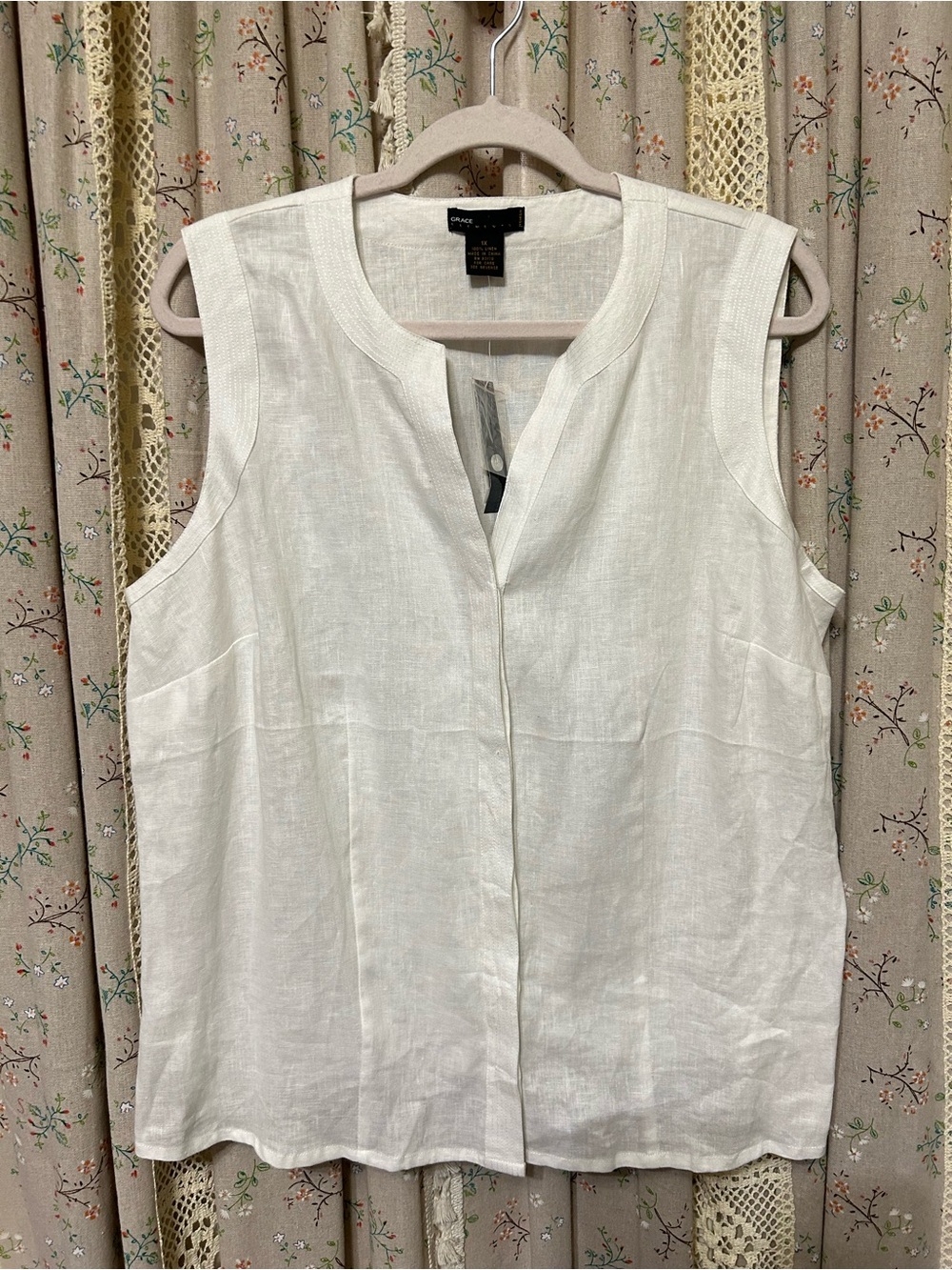 Grace Elements 100% Linen White Sleeveless Split Neck Top 1X NWT